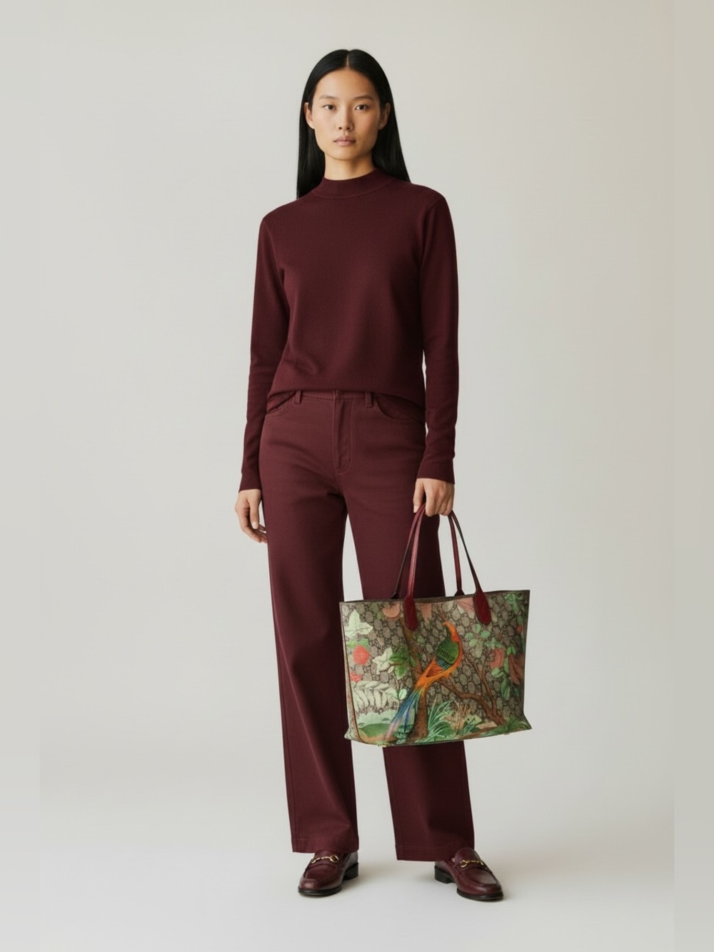 Gucci GG Supreme Monogram Bird print Tian Medium leather Tote burgundy Red